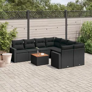 vidaXL Salon de jardin 9 pcs avec coussins noir résine tressée pas cher