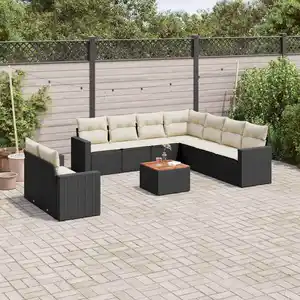 vidaXL Salon de jardin 10 pcs avec coussins noir résine tressée pas cher