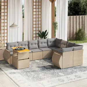 vidaXL Salon de jardin avec coussins 10 pcs beige résine tressée pas cher