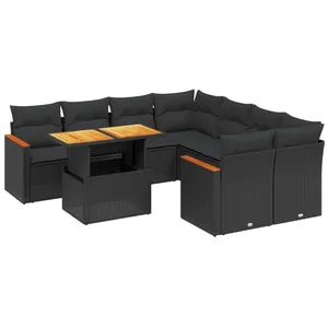 vidaXL Salon de jardin 9 pcs avec coussins noir résine tressée pas cher