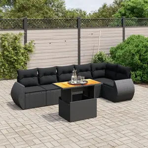 vidaXL Salon de jardin 7 pcs avec coussins noir résine tressée pas cher