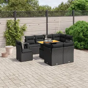 vidaXL Salon de jardin 9 pcs avec coussins noir résine tressée pas cher