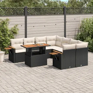 vidaXL Salon de jardin 9 pcs avec coussins noir résine tressée pas cher