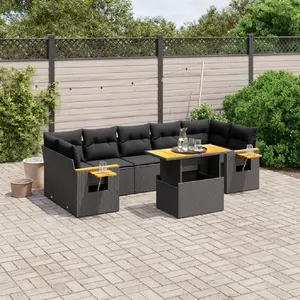 vidaXL Salon de jardin 8 pcs avec coussins noir résine tressée pas cher