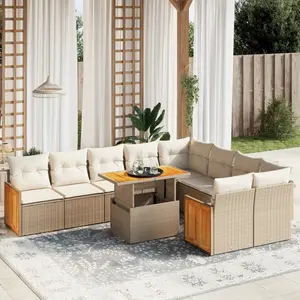 vidaXL Salon de jardin avec coussins 10 pcs beige résine tressée pas cher