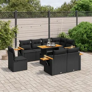 vidaXL Salon de jardin 9 pcs avec coussins noir résine tressée pas cher