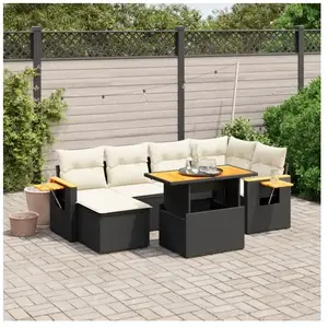 vidaXL Salon de jardin 7 pcs avec coussins noir résine tressée pas cher