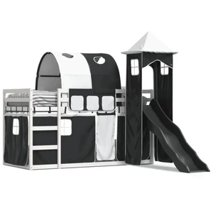 vidaXL Lit superposé avec toboggan et rideaux blanc et noir 90x200 cm pas cher