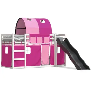 vidaXL Lit superposé avec toboggan et rideaux rose 80x200 cm pas cher