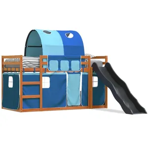 Comparateur de prix : vidaXL Lit superposé avec toboggan et rideaux bleu 90x200 cm