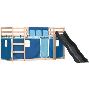 vidaXL Lit superposé avec toboggan et rideaux bleu 90x200 cm pas cher