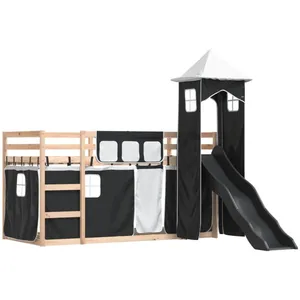vidaXL Lit superposé avec toboggan et rideaux blanc et noir 90x200 cm pas cher