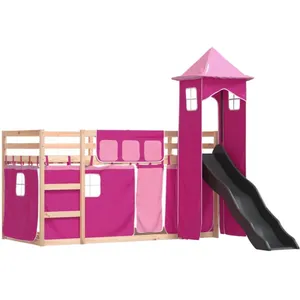 vidaXL Lit superposé avec toboggan et rideaux rose 90x200 cm pas cher