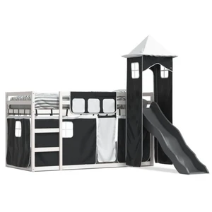 vidaXL Lit superposé avec toboggan et rideaux blanc et noir 90x200 cm pas cher