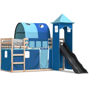 Comparateur de prix : vidaXL Lit superposé avec toboggan et rideaux bleu 90x190 cm
