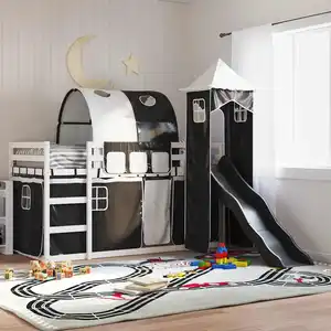 Comparateur de prix : vidaXL Lit superposé avec toboggan et rideaux blanc et noir 90x190 cm