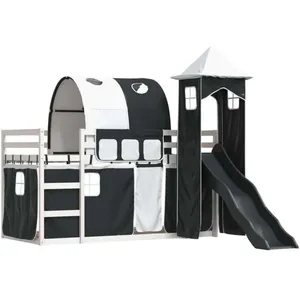 vidaXL Lit superposé avec toboggan et rideaux blanc et noir 80x200 cm pas cher