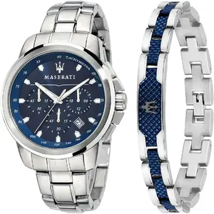 Coffret MASERATI SUCCESSO Montre Homme en Cuir Bleu et Bracelet pas cher