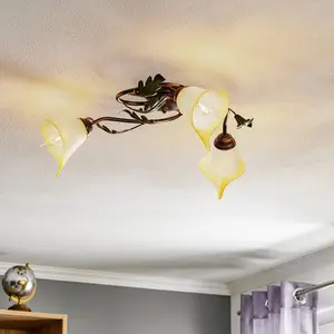 ONLI - Plafonnier 3 bras en métal marron nuancé or décoration feuilles pas cher