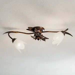 Comparateur de prix : ONLI - Plafonnier 2 lumières en métal marron avec nuances dorées et verres blancs satinés