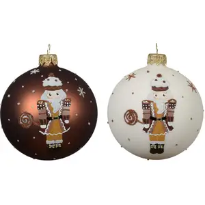 Mobili Rebecca Ensemble de 2 boules de Noël en verre blanc et marron, Ø 8 cm