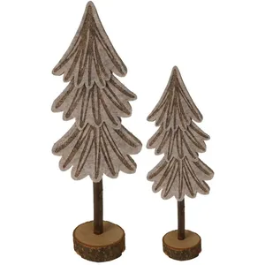 Mobili Rebecca Ensemble de 2 Mini Sapins de Noël en Feutre Gris Marron avec Socle en Bois
