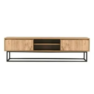 DMORA Meuble TV Themis, Buffet de salon, Armoire basse pour TV, Base murale de rangement, 140x40h50 cm, Noir et Chêne pas cher