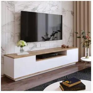 DMORA Meuble TV Sinope, Buffet de salon, Armoire basse pour TV, Base murale de rangement, 180x45h45 cm, Chêne et Blanc pas cher