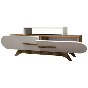DMORA Meuble tv baghdad, buffet de salon, armoire basse pour tv, base murale de rangement, 145x37h50 cm, noyer et blanc pas cher