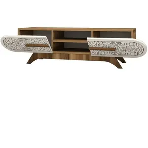 DMORA Meuble TV Desposit, Buffet de salon, Armoire basse pour TV, Base murale de rangement, 145x37h37 cm, Noyer et Blanc