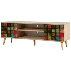 DMORA Meuble tv enrica, buffet de salon, armoire basse pour tv, base murale de rangement, 140x40h50 cm, chêne et multicolore pas cher
