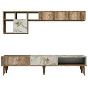 DMORA Meuble Mural Dmalavas, Composition du salon, Meubles de salon polyvalents, Meuble télé, 180x35h40 cm, Noyer et Marbre Blanc pas cher
