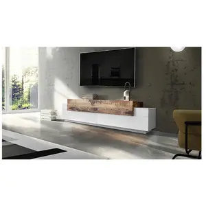 DMORA Meuble TV effet bois blanc brillant, beige 200x45 cm pas cher