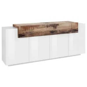 DMORA Buffet Loris, Buffet de cuisine avec 4 portes, Buffet de salon, 100% Made in Italy, 200x45h86 cm, Blanc brillant et érable