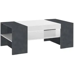 DMORA Table basse effet bois blanc brillant, ardoise 110x60h40 cm pas cher