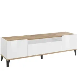 DMORA Meuble Tv Dfigol, 160x40h47 Cm, Blanc Brillant Et Érable pas cher