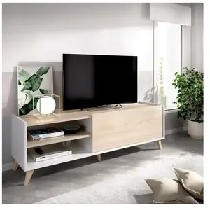 DMORA Meuble TV effet bois beige, blanc 166x43h47 cm pas cher