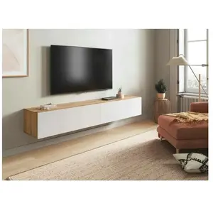 DMORA Meuble TV Vincennes, Meuble TV 2 portes, Meuble de salon suspendu, 180x35h28 cm, Chêne Noué et Blanc pas cher
