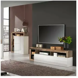 DMORA Meuble tv arkangel, buffet de salon, armoire basse pour tv, base murale de rangement, made in italy, 184x42 h58 cm, blanc brillant et acacia pas cher