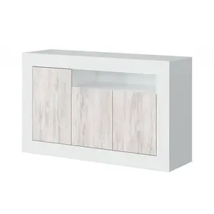 DMORA Buffet Dmirri, Armoire de salon, Buffet de salon avec compartiments, Buffet avec 3 portes, 144x42h87 cm, Chêne noué et Blanc pas cher