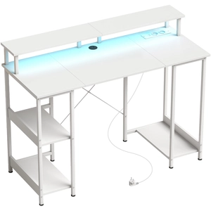 HOMCOM Bureau pour Ordinateur Réversible avec Étagères, 120x50 cm, avec Prises Électriques et Lumières LED, Blanc Effet Bois pas cher
