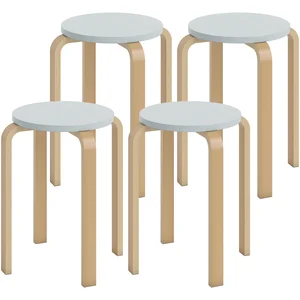 HOMCOM Lot de 4 Tabourets Ronds Empilables en Bois Gris, Ø40x45 cm pas cher
