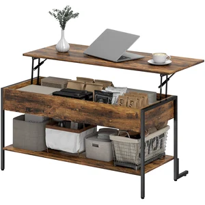 HOMCOM Table Basse Relevable avec Espace de Rangement Caché et Étagère Inférieure en Style Industriel, Marron pas cher