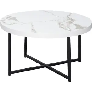 HOMCOM Table Basse Ronde avec Plateau Effet Marbre en MDF et Pieds en Métal, 80x45 cm, Blanc pas cher