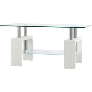 HOMCOM Table Basse Moderne à 2 Niveaux en Verre et Bois, 90x50x42cm, B... pas cher