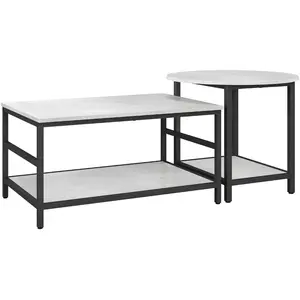 HOMCOM Ensemble de 2 Tables Basses à 2 Niveaux en Aggloméré et Acier avec Plateau Effet Marbre, Blanc et Noir pas cher