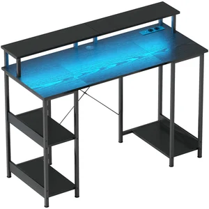 HOMCOM Bureau pour PC Réversible avec Prises Électriques, Lumières, Support pour Moniteur et Étagère, 120x50cm, Noir pas cher