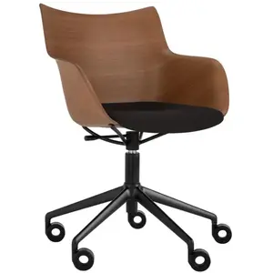 KARTELL chaise avec accoudoirs à roulettes Q/WOOD tissu Aquaclean (Foncé, coussin noir et piètement noir - Bois plaqué, tissu et acier)
