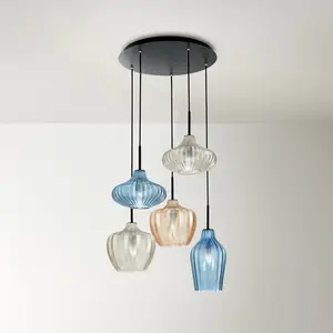 Fabas Luce Suspension Olbia, Ø 50 cm, 5 lampes, ambre/bleu/beige, verreVendu parluminaire