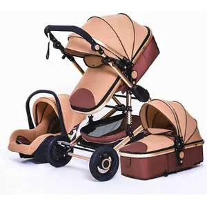 LUXCAR Poussette Bébé Combinée Trio Pack 3 en 1 Marron Chassis Haut a Absorption de Chocs Pliable Siege Auto Réversible Roues Increvables